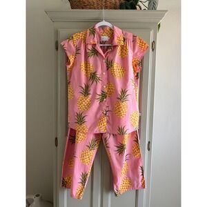 The Cat's Pajamas Pink Pineapple Short Sleeve Crop PJ Set Women Size Medium
